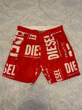 Diesel Red and White Logo Swim Shorts